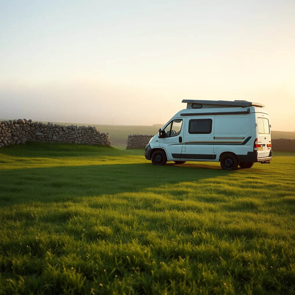 Un van stationné sur l'un des emplacements enherbés d'un camping à la ferme breton