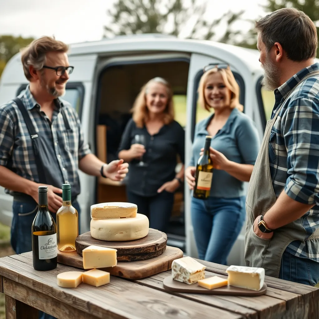 Un producteur présente ses fromages fermiers à des camping-caristes de passage