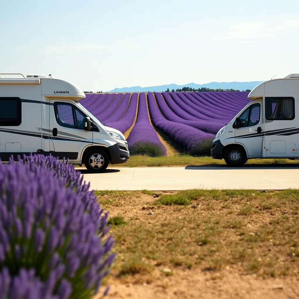 Deux camping-cars installés au bord d'un champ de lavande en Provence