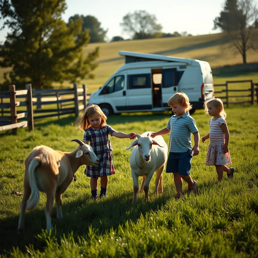 Une famille en camping-car découvre les chèvres d'une ferme d'accueil
