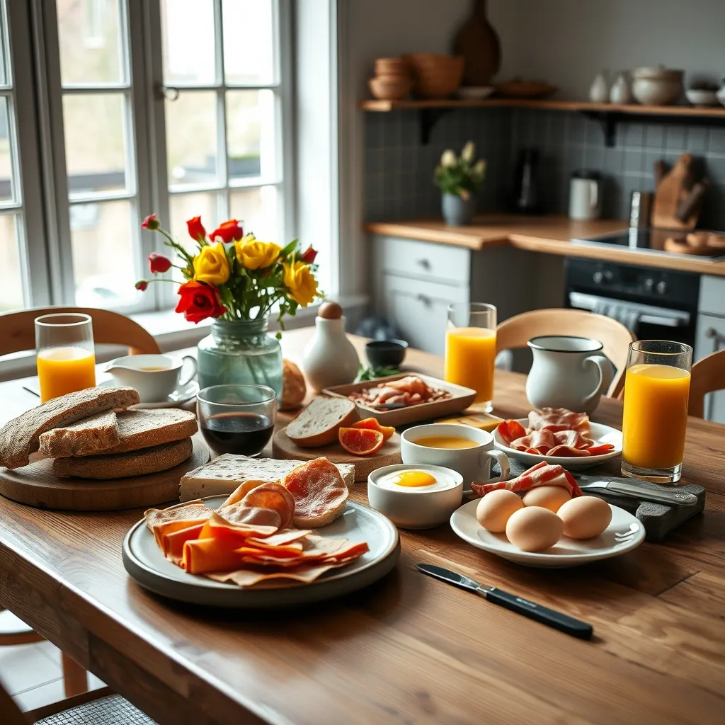 Petit-déjeuner typique servi dans un B&B néerlandais avec fromages et pain frais