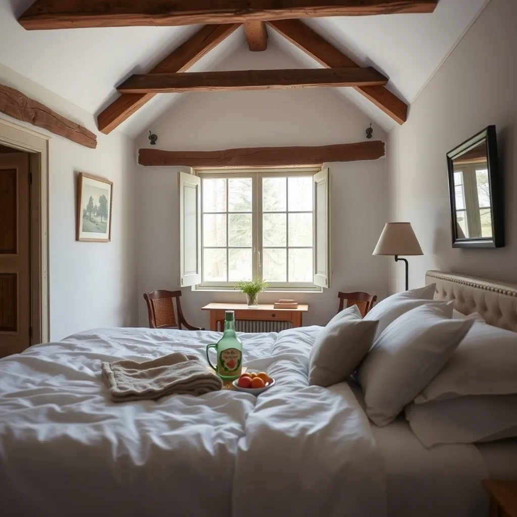 Chambre d'hôtes de charme avec poutres apparentes et vue sur le jardin