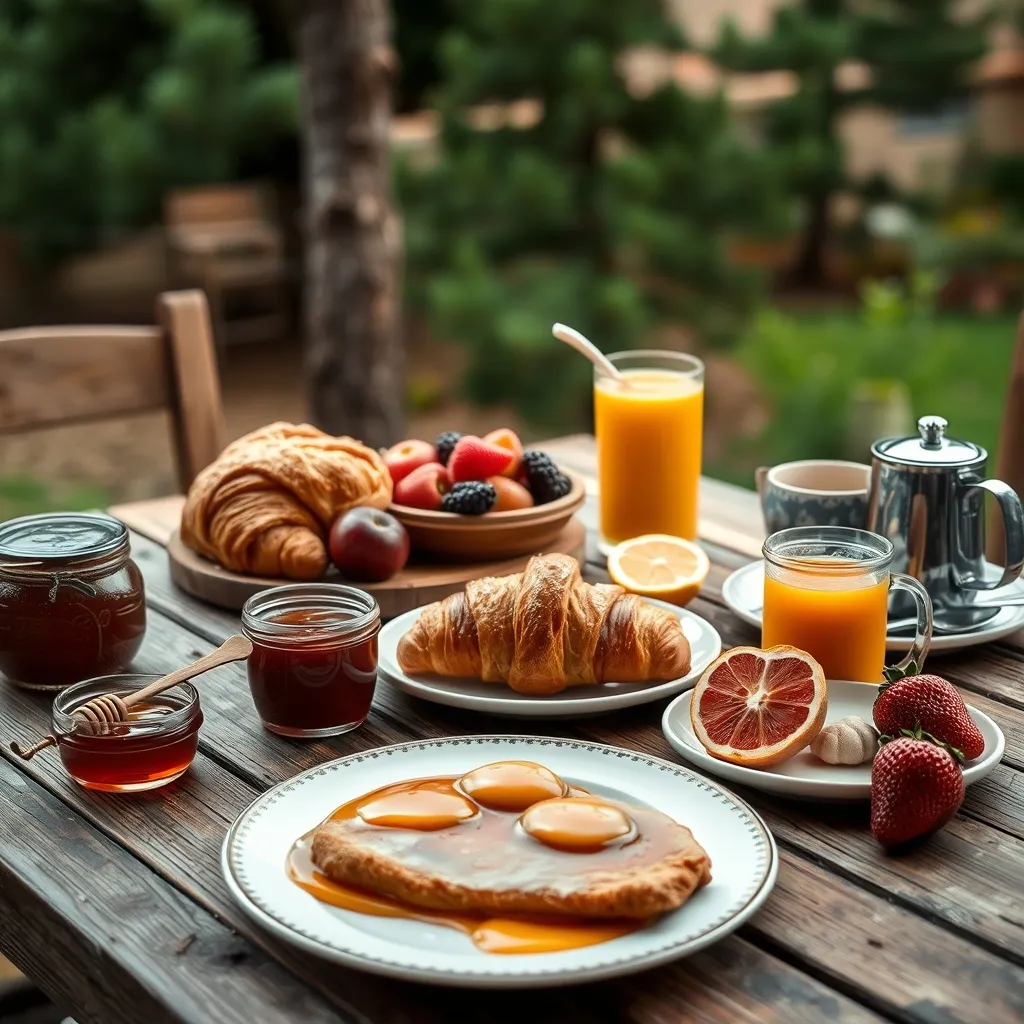 Petit-déjeuner fait maison servi au jardin avec des produits locaux landais