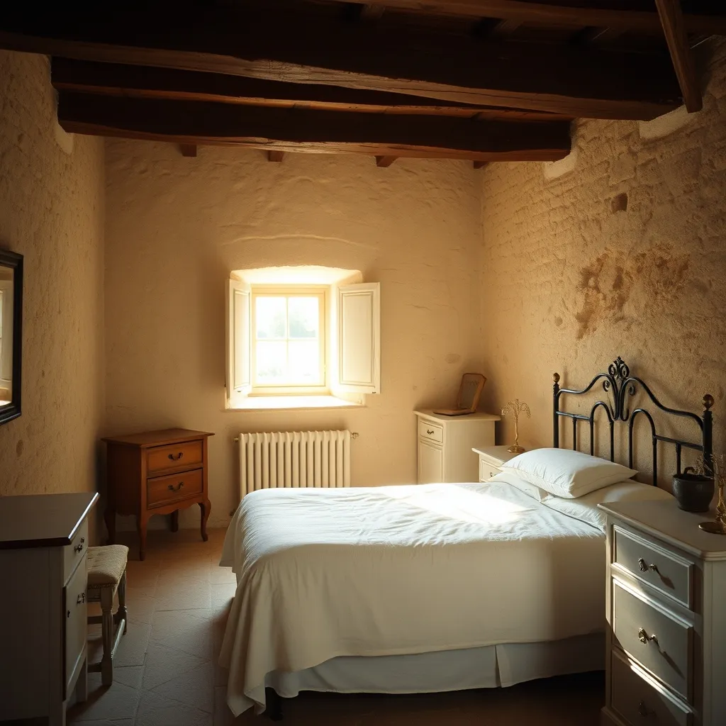 Chambre de charme avec pierres apparentes dans une maison quercynoise restaurée