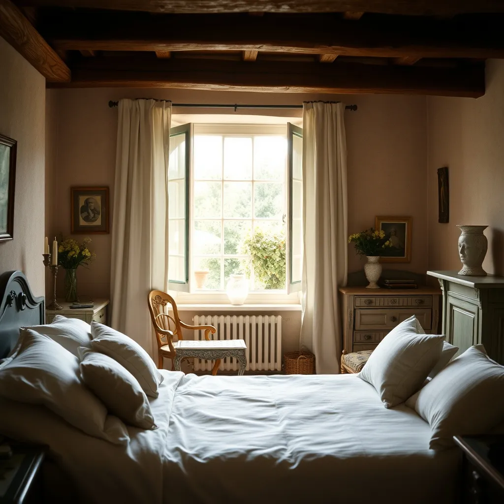 Chambre avec poutres apparentes et mobilier ancien dans une maison de maître près de Coutances