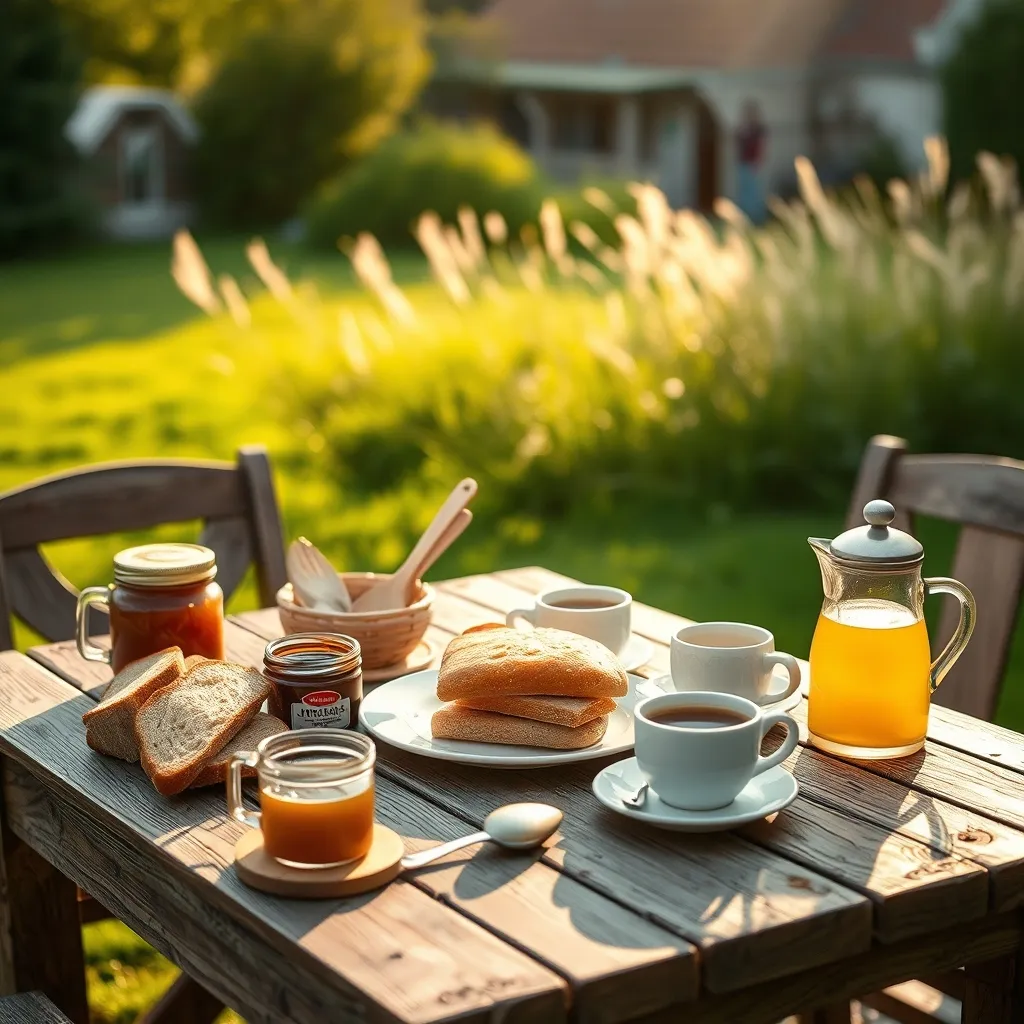 Petit-déjeuner normand servi au jardin avec produits locaux et confitures maison