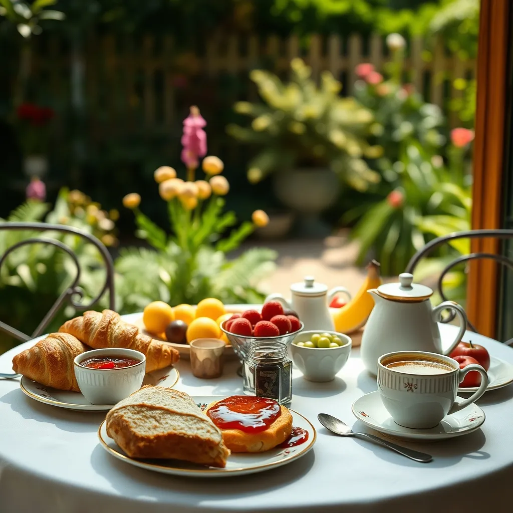 Petit-déjeuner servi dans le jardin d'une chambre d'hôtes bauloise