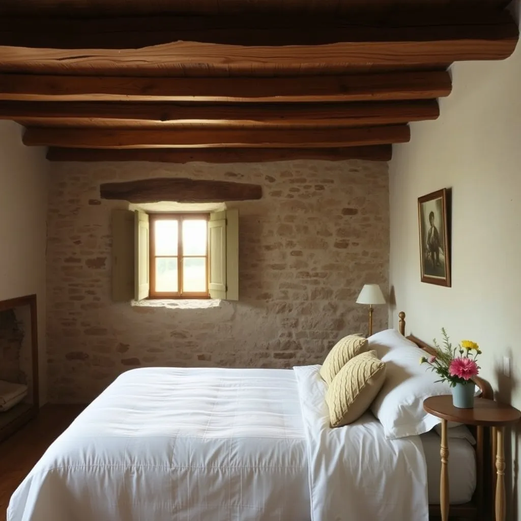 Chambre d'hôtes à la ferme dans le Quercy avec poutres et pierres apparentes