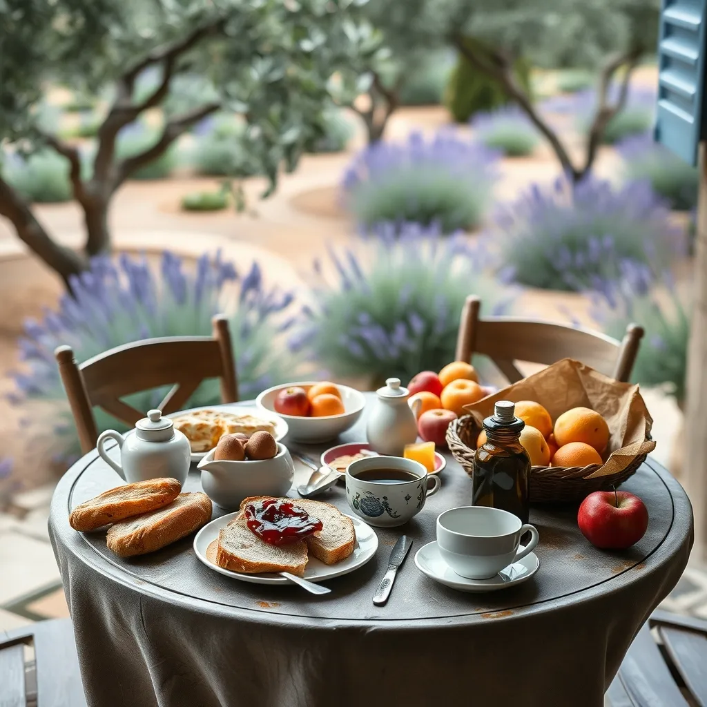Petit-déjeuner provençal servi en terrasse dans une chambre d'hôtes nyonsaise