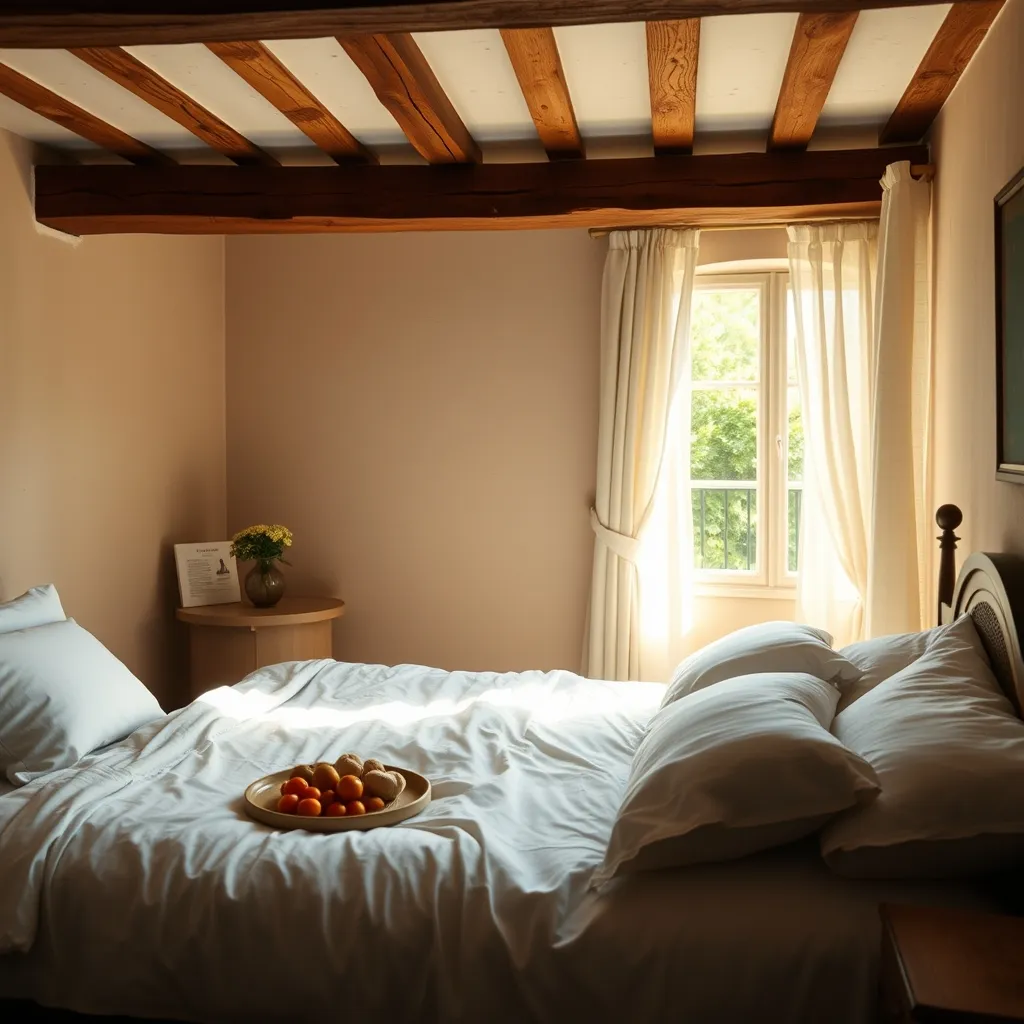 Chambre d'hôtes de charme avec poutres apparentes et vue sur le jardin