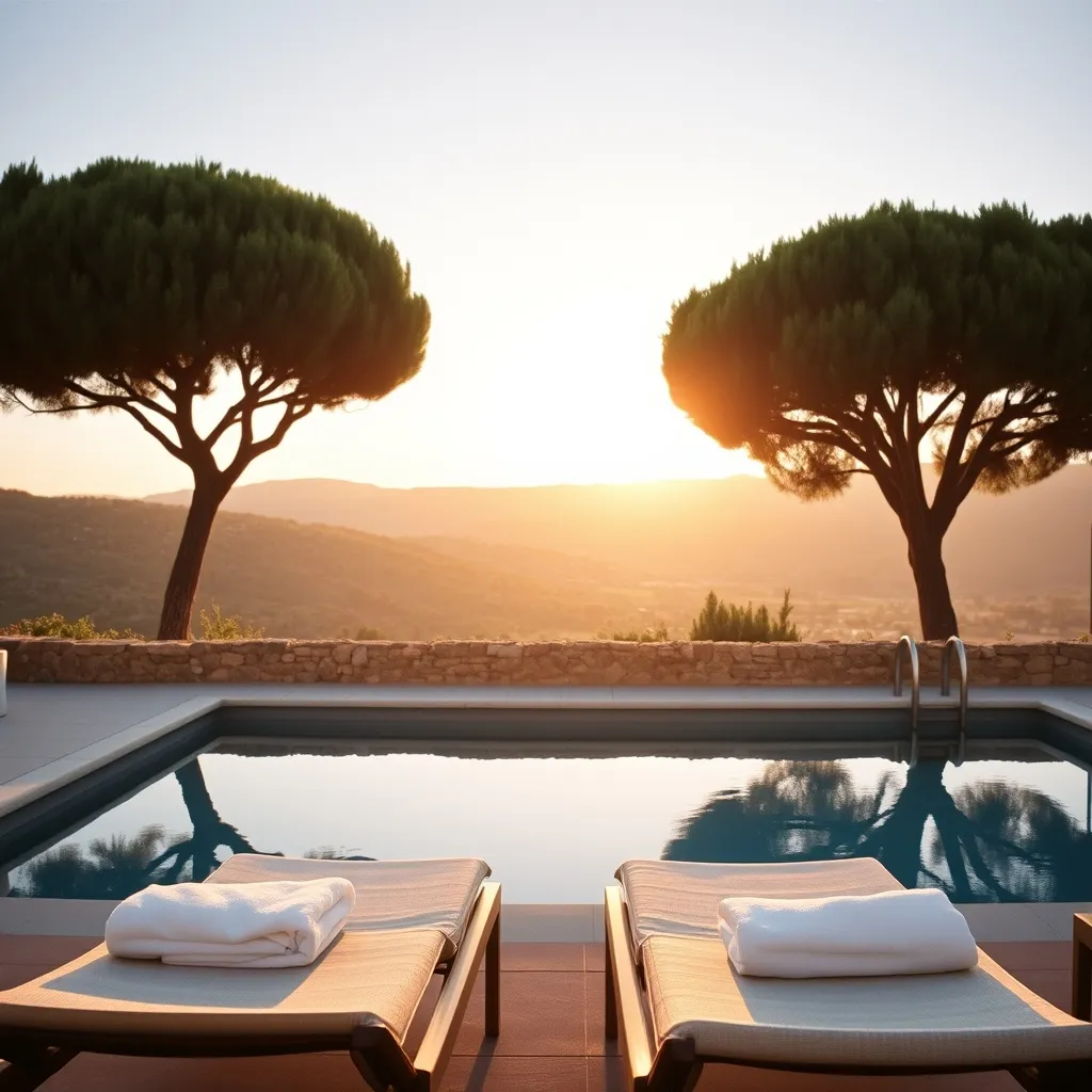 Piscine privée d'un gîte ardéchois avec vue dégagée sur la vallée au coucher du soleil