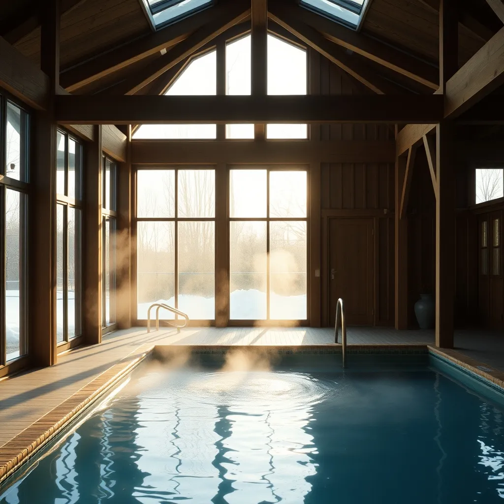 Piscine intérieure chauffée dans un corps de ferme rénové, idéale pour les séjours hors saison