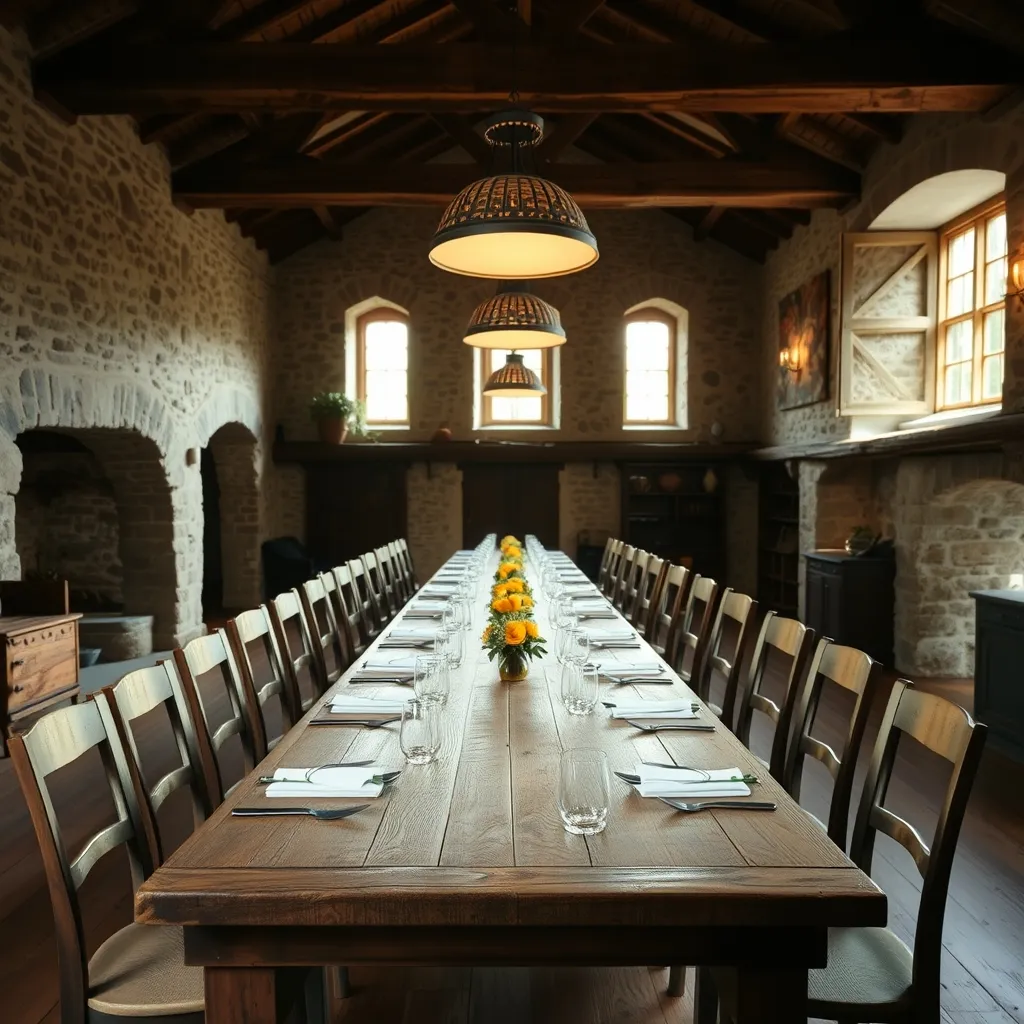 Une grande salle à manger de gîte de groupe aménagée pour accueillir 20 convives