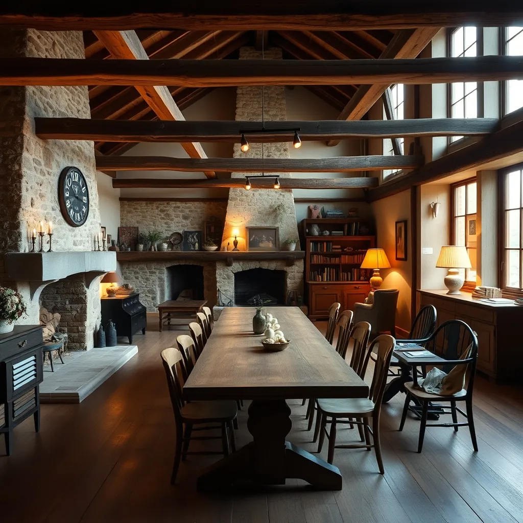 L'intérieur chaleureux d'un grand gîte normand avec poutres apparentes et grande table commune