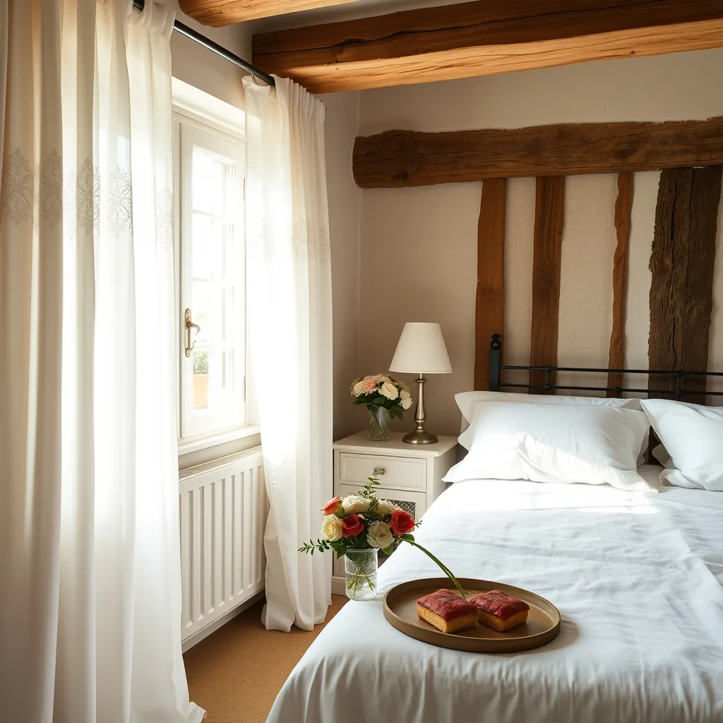 Chambre d'hôtes avec literie soignée et poutres apparentes dans une maison normande