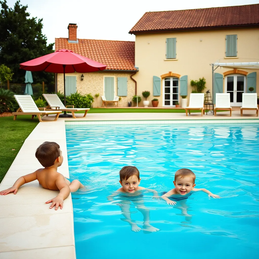 Une famille profitant de la piscine privée de leur gîte de vacances en plein été