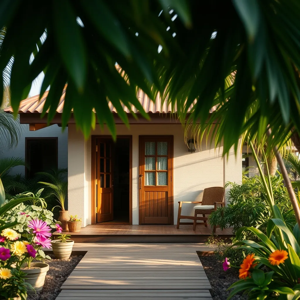 Bungalow créole typique avec terrasse en bois au milieu de la végétation tropicale