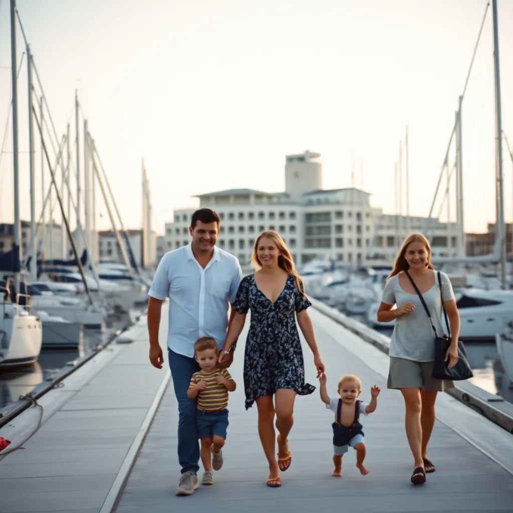 Promenade le long du port de plaisance de La Grande-Motte en fin de journée