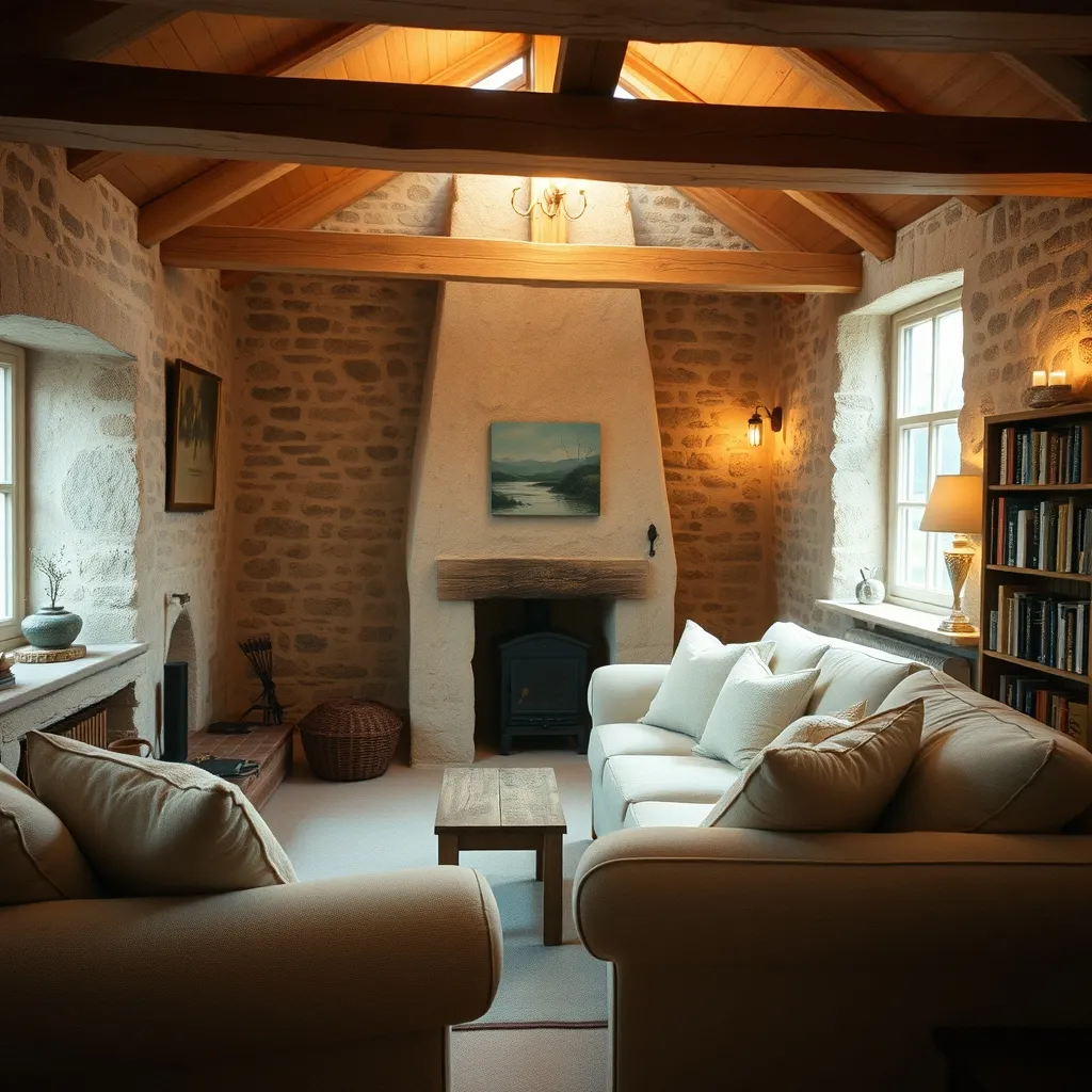 Intérieur chaleureux d'un gîte normand typique avec poutres apparentes et cheminée