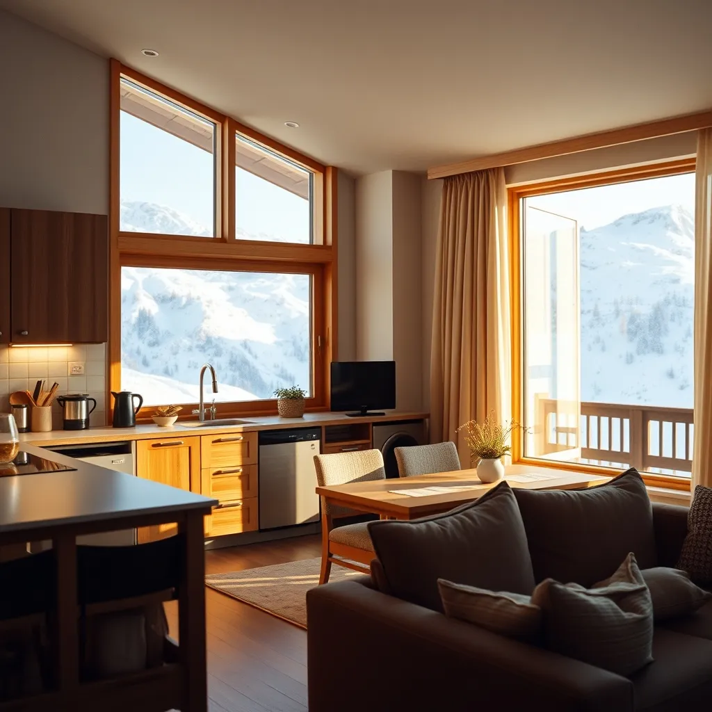 Intérieur d'un appartement meublé en résidence de montagne avec vue sur les sommets enneigés