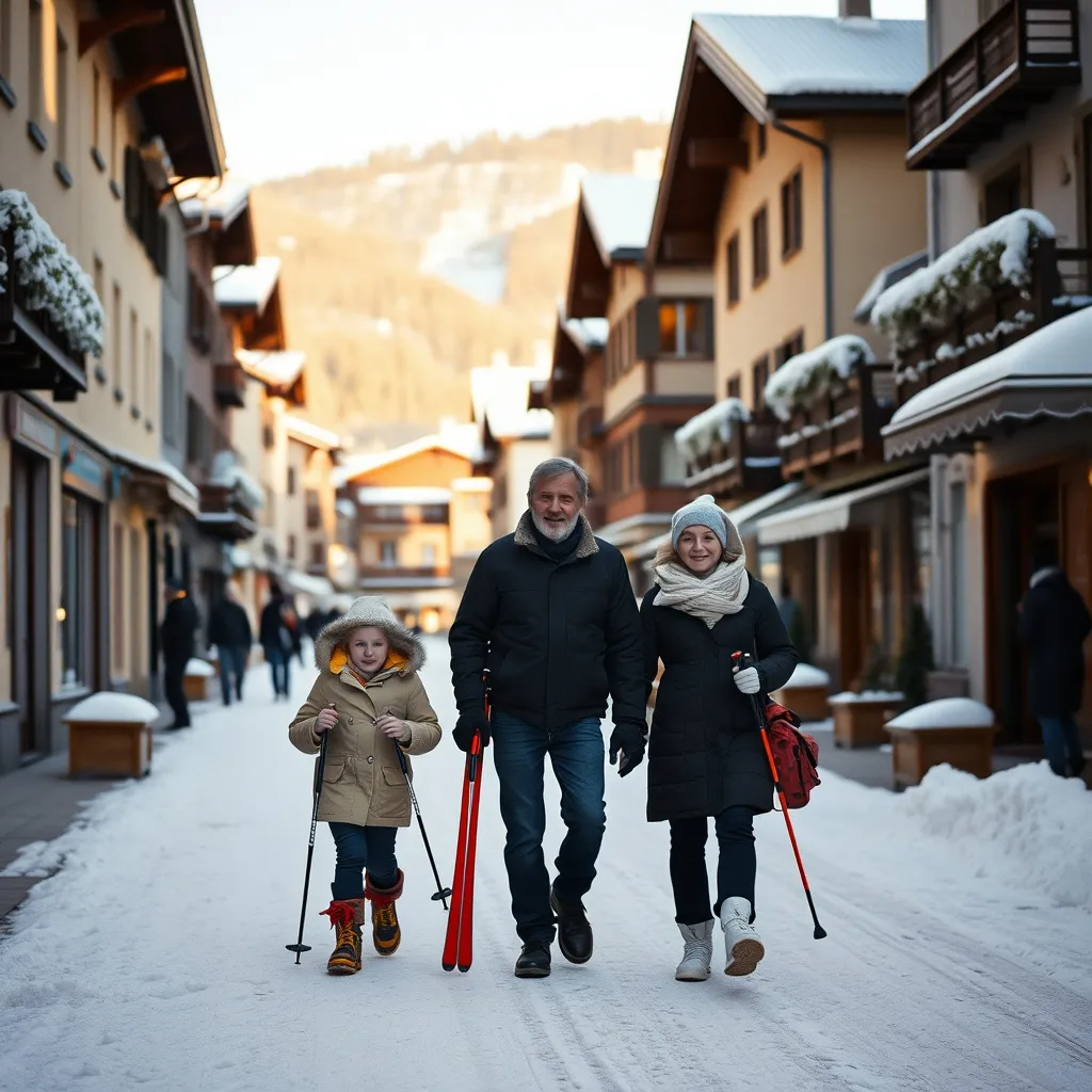 Famille se rendant aux pistes de ski depuis leur résidence en station piétonne