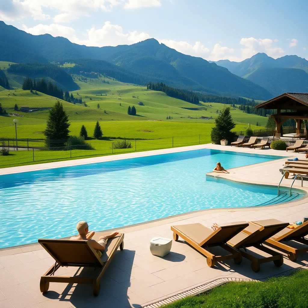 Piscine chauffée en résidence de montagne durant la saison estivale avec vue sur les alpages
