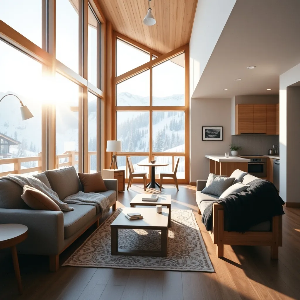 Intérieur d'un appartement en résidence de montagne avec vue sur les sommets enneigés