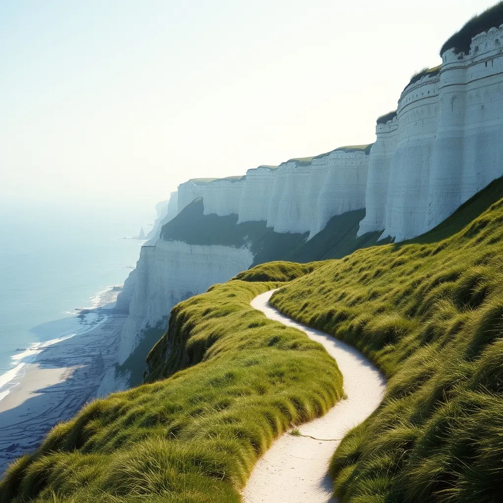 Les falaises de craie blanche d'Étretat vues depuis le sentier côtier normand