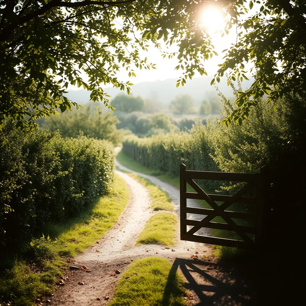 Un chemin creux du bocage normand bordé de pommiers, typique du Pays d'Auge