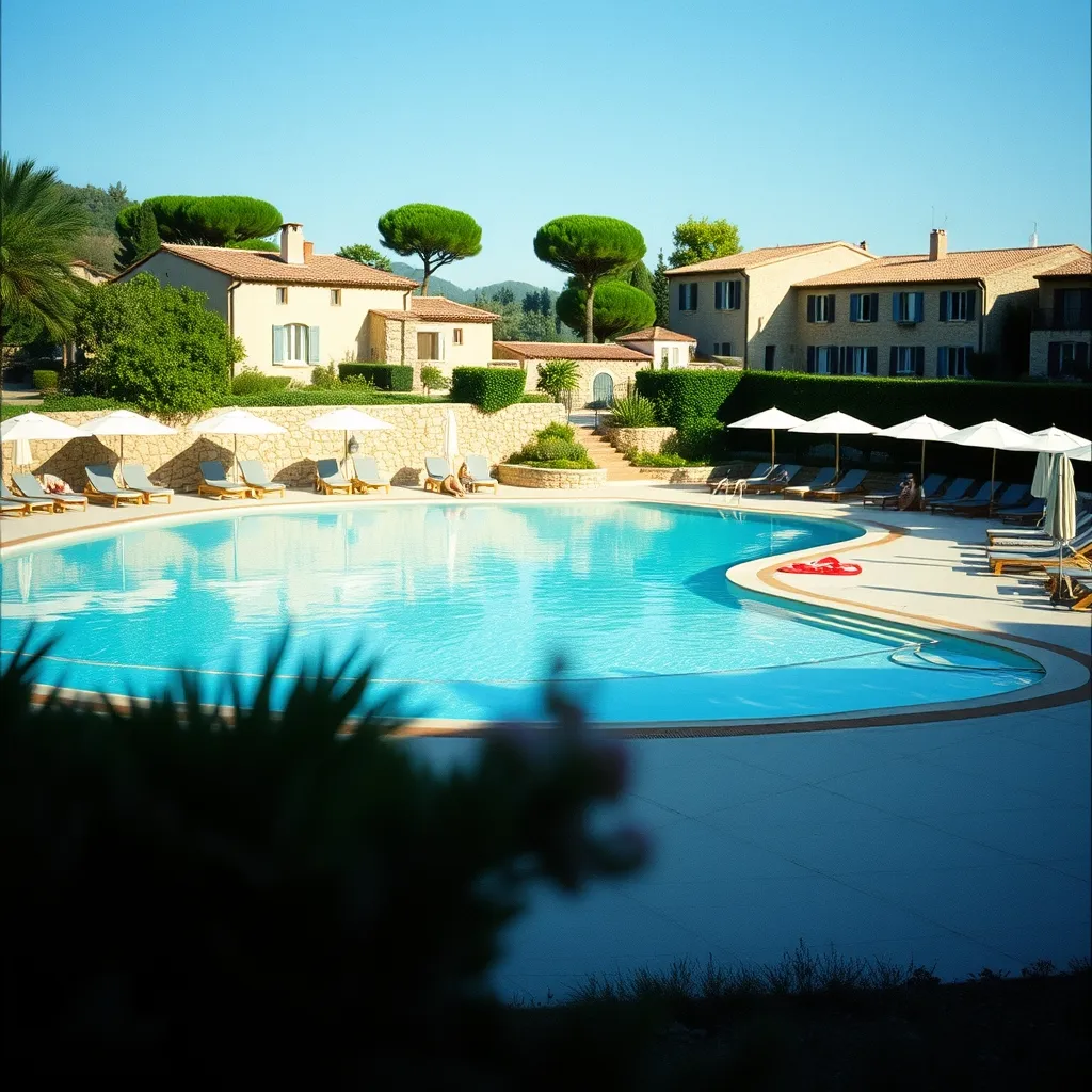 La piscine principale du Village Pont Royal avec ses transats et la végétation méditerranéenne