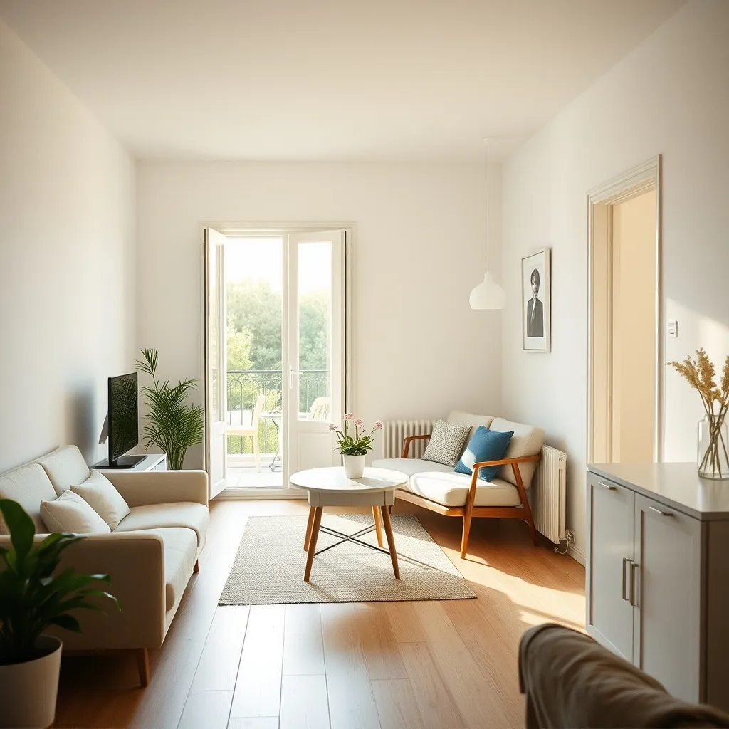 Intérieur d'un appartement rénové au Village Pont Royal avec sa kitchenette et sa terrasse