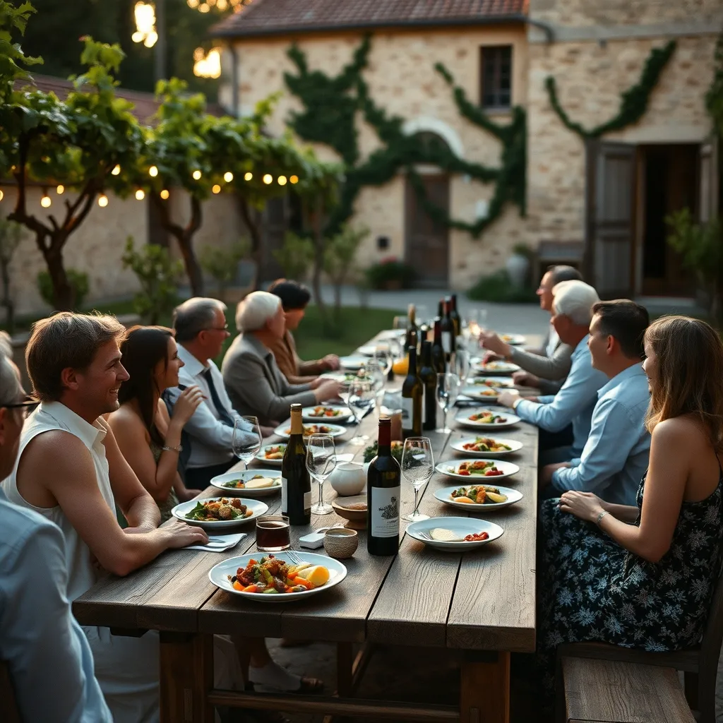 Repas en plein air dans une propriété viticole près de Bordeaux, convivialité et produits du terroir