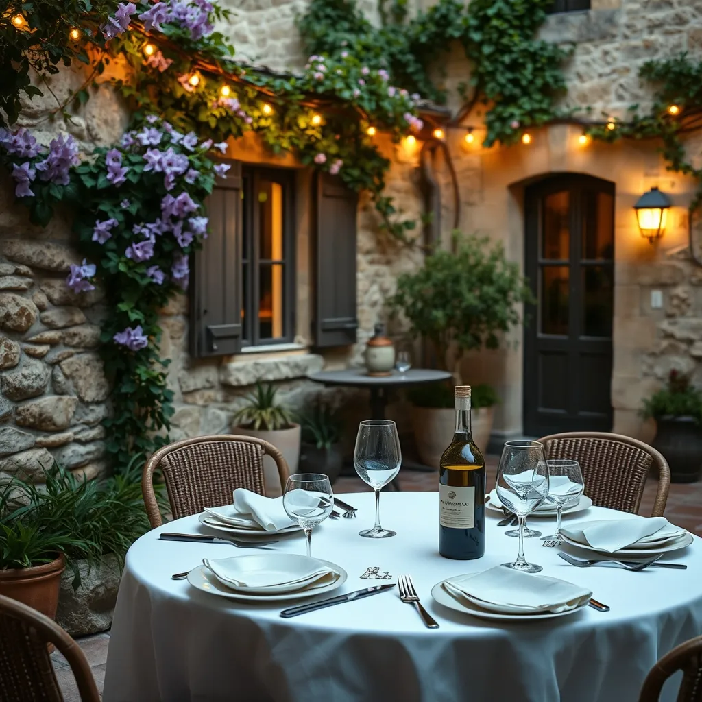 Cour intérieure d'une chambre d'hôtes dans l'arrière-pays cannois, prête pour le dîner