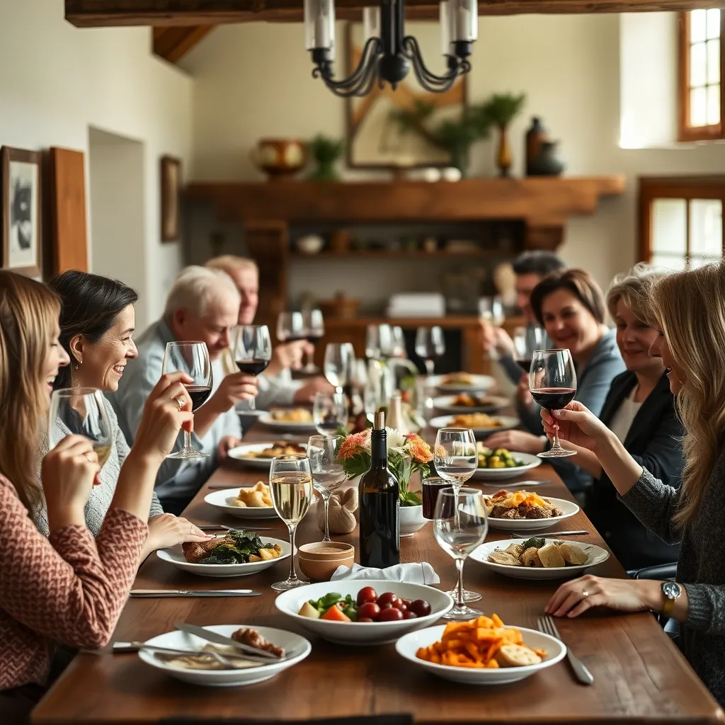 Convives partageant un repas en table d'hôtes dans une ambiance chaleureuse