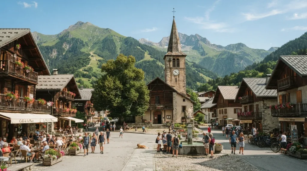 Vue de la place du village de La Clusaz avec l'église et les Aravis en arrière-plan