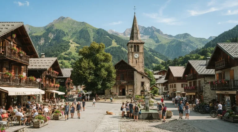 Vue de la place du village de La Clusaz avec l'église et les Aravis en arrière-plan