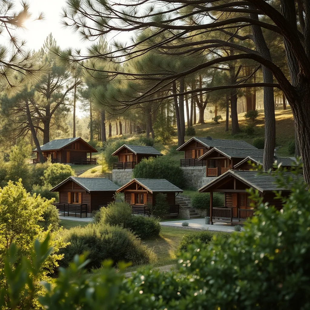 Gîtes en bois dispersés sous les pins du village vacances Nature et Océan