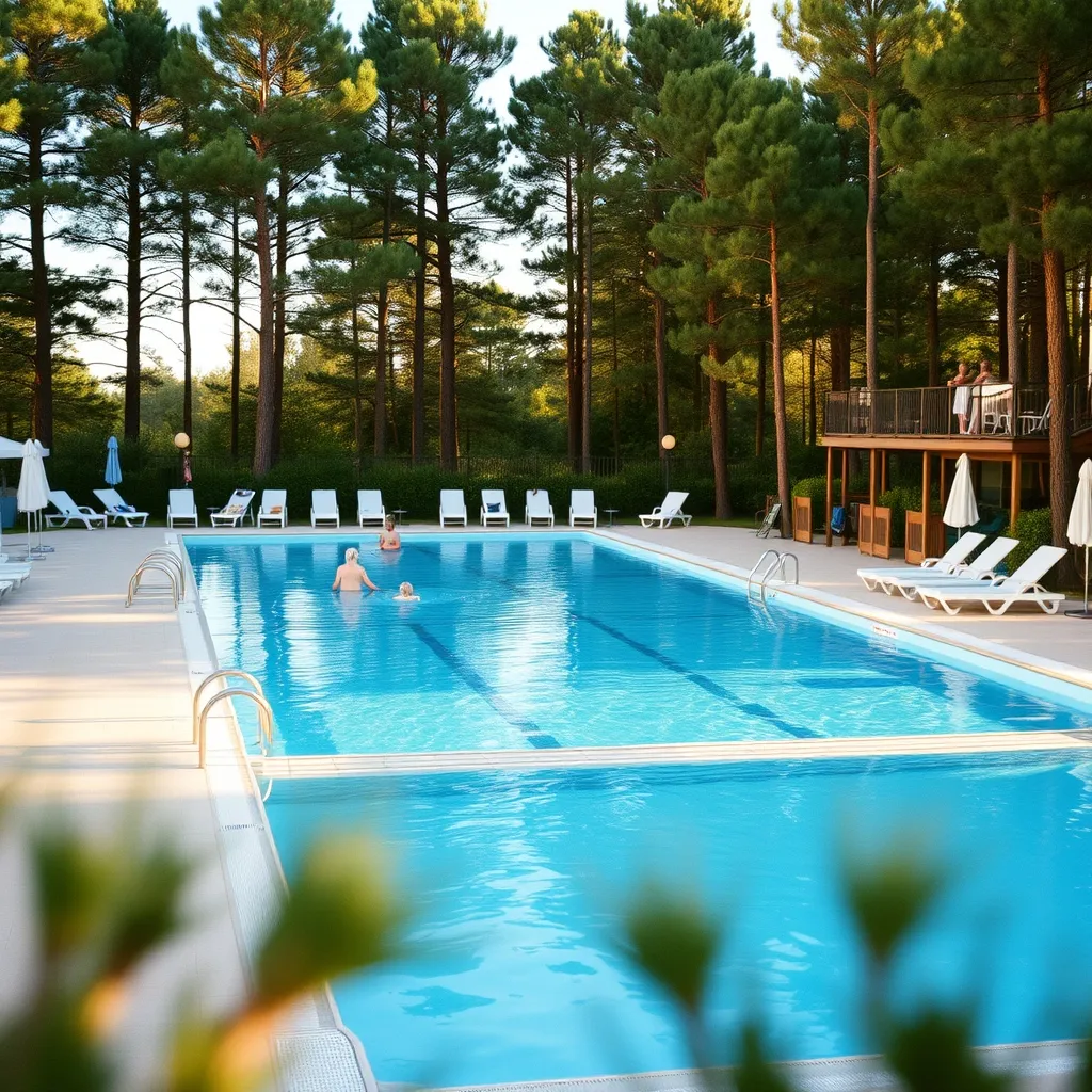 Piscine chauffée du village avec vue sur la forêt de pins environnante