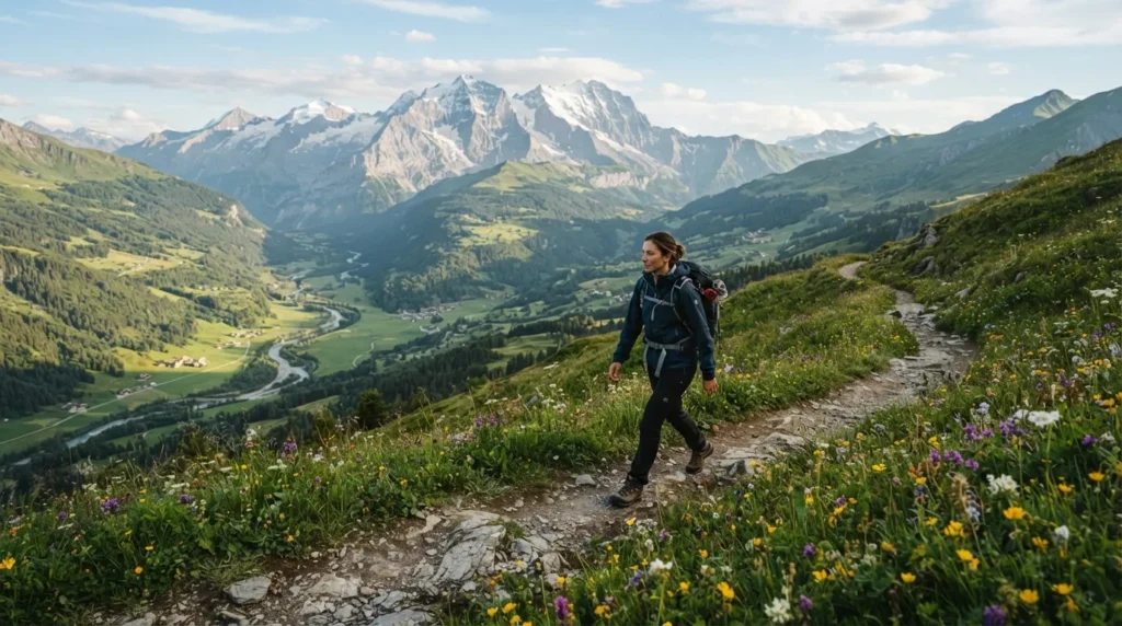 Randonneur sur un sentier de montagne : hiking est la traduction anglaise la plus courante de randonnée