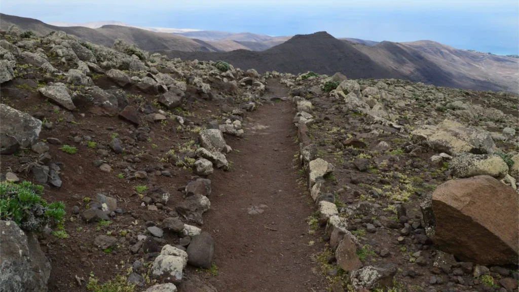 Le sentier rocheux menant au sommet du Piton des Neiges à l'aube, point culminant de La Réunion